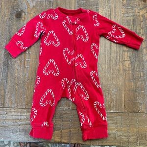 Carter’s 3M Long Sleeve Christmas Romper - Red w/ Candy Cane Hearts